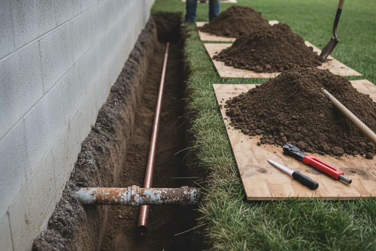 Excavated water line trench during Water Softener Installation in Tehachapi